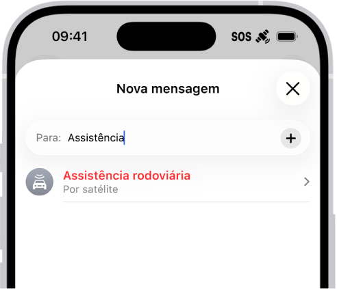 Uma mensagem nova endereçada para “assistência”. Por baixo está uma hiperligação para a assistência rodoviária por satélite.