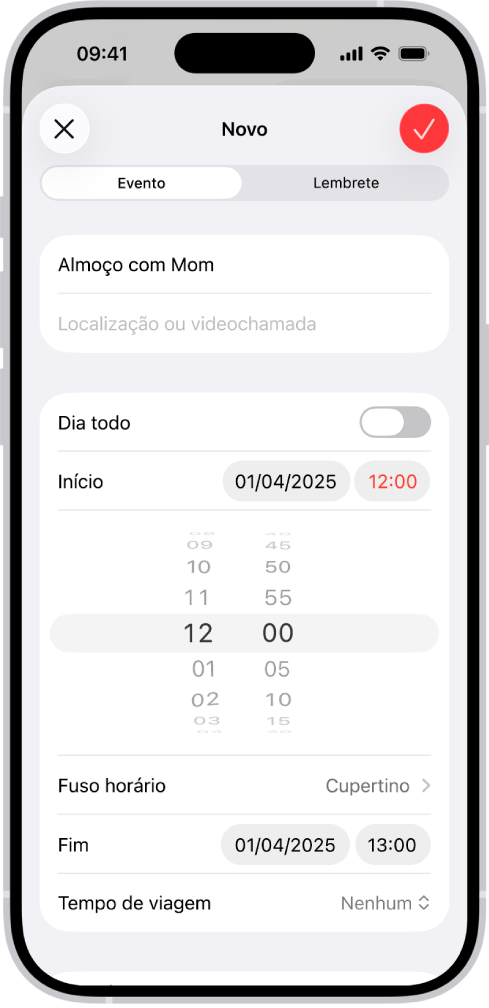 Um evento do calendário a mostrar definições para a hora e fuso horário do evento.