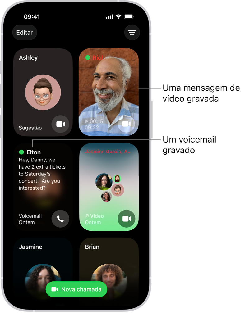 O histórico de chamadas do FaceTime, a mostrar um contacto sugerido, uma mensagem de vídeo gravada, um voicemail e uma chamada FaceTime de vídeo em grupo.