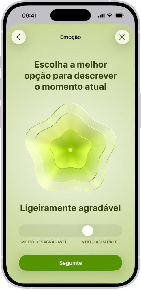 Um ecrã da aplicação Saúde a identificar o estado de espírito atual como Ligeiramente agradável. Na parte inferior do ecrã está um nivelador para ajustar o nível da emoção.