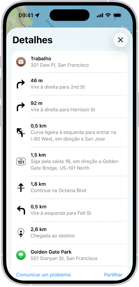 As indicações passo a passo de um itinerário numa lista.