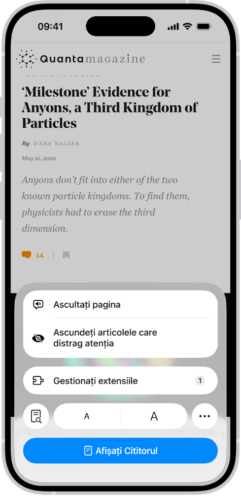 Un site web este deschis în Safari. Este selectat butonul Meniu Pagină și se afișează comenzile de ascultare.