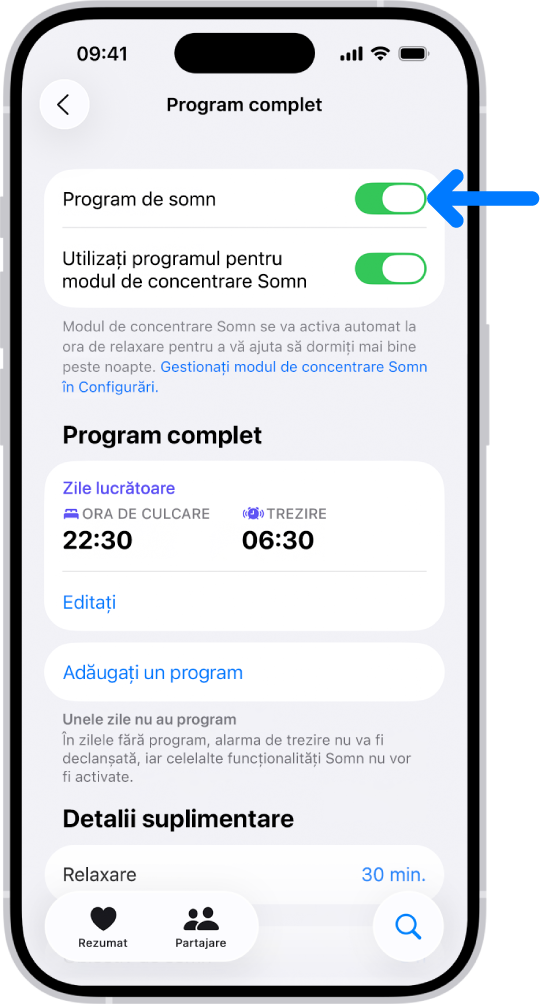 Ecranul Program complet din aplicația Sănătate cu opțiunea Program de somn activată în partea de sus.
