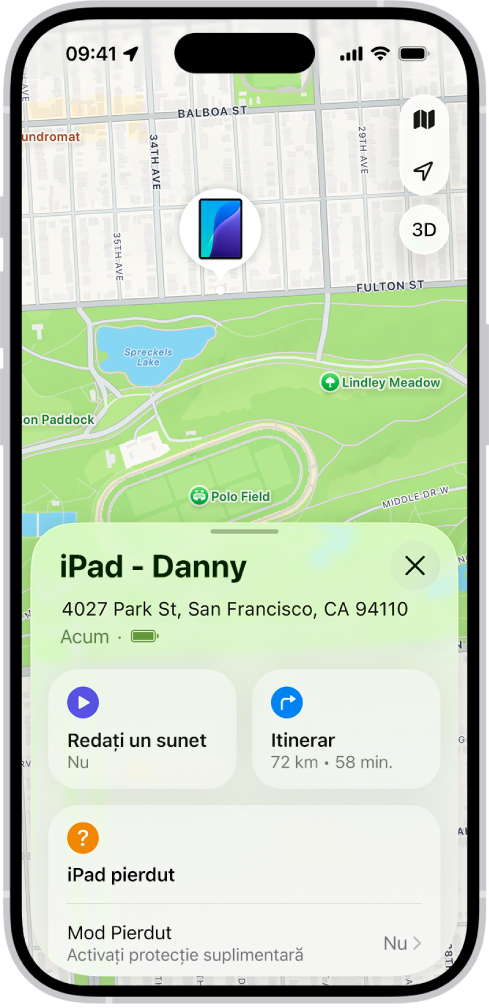 Ecranul Găsire afișând localizarea unui iPad pe o hartă în partea de sus a ecranului.