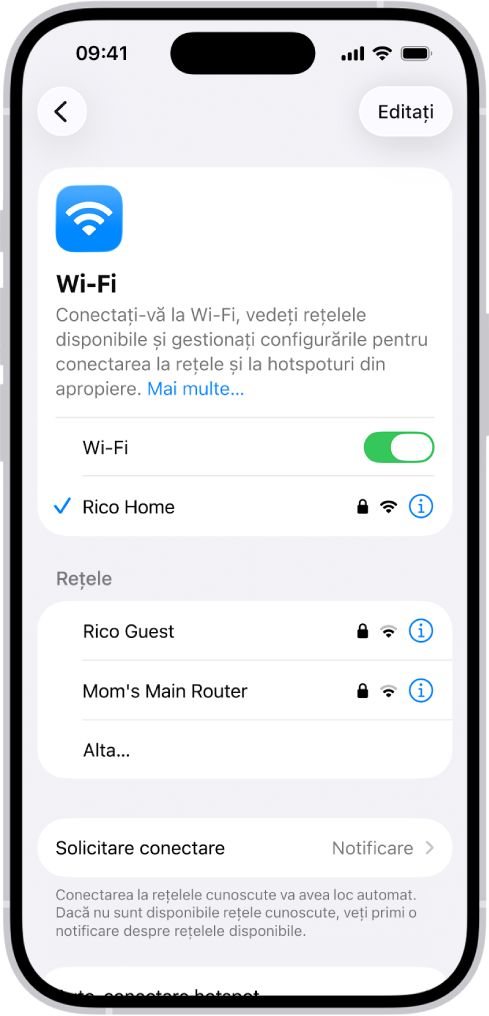 Ecranul de opțiuni Wi-Fi din Configurări. Conexiunea Wi-Fi este activată și este selectată o rețea.
