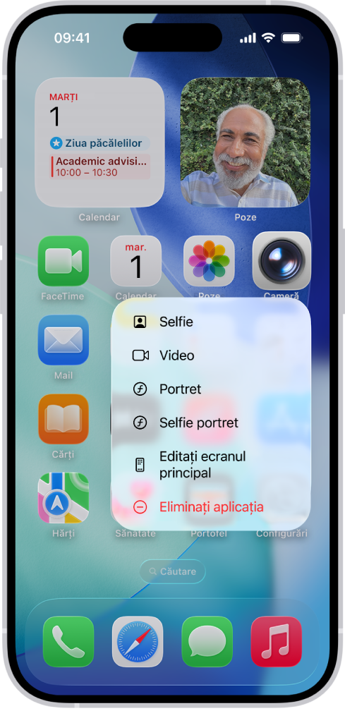 Un ecran principal estompat, cu meniul Acțiuni rapide pentru Cameră afișat sub pictograma aplicației Cameră.