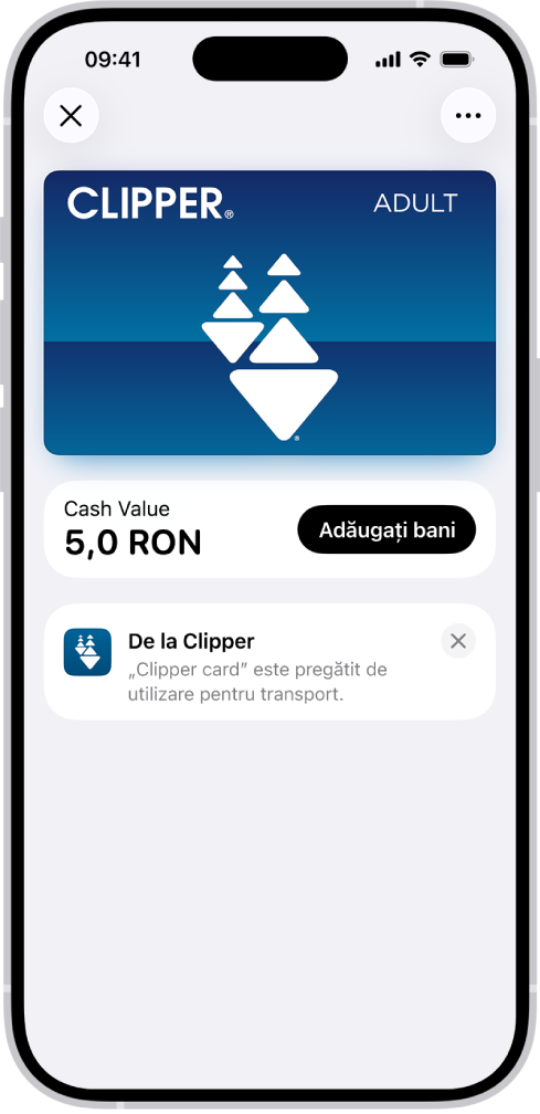 Un card de transport în aplicația Portofel. Sub card este soldul, lângă butonul Adăugați bani.