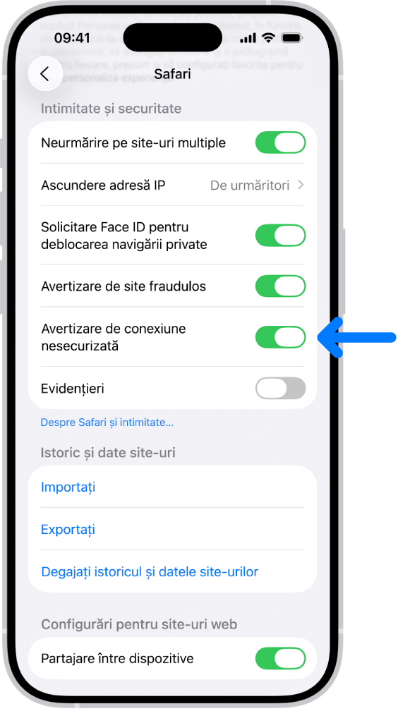 Comanda Avertisment de conexiune nesecurizată, aflată sub Intimitate și securitate, în ecranul Safari din Configurări.