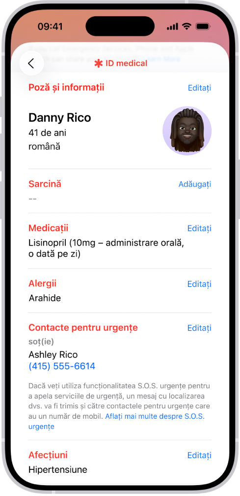 Ecranul unui ID medical cu informații despre data nașterii, medicații, alergii, contacte pentru urgențe și afecțiuni medicale.