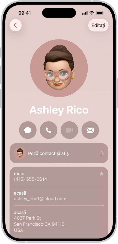 O fișă de contact în aplicația Contacte.