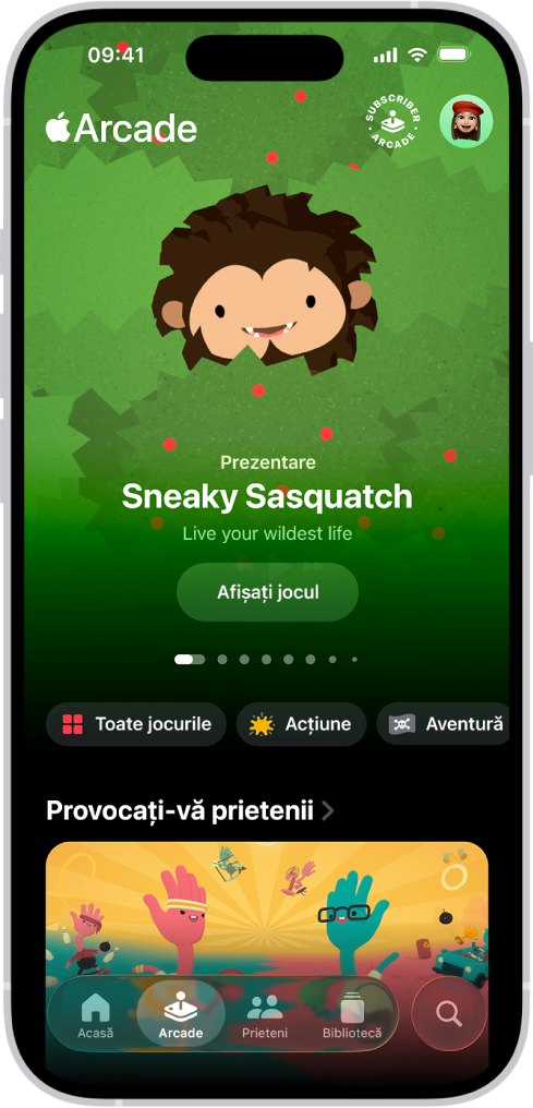 Aplicația Apple Games cu fila Arcade, care afișează o ilustrație promoțională pentru un joc prezentat. În partea de jos a ecranului se află filele Acasă, Arcade, Prieteni, Bibliotecă și Căutare. Este selectată fila Arcade.