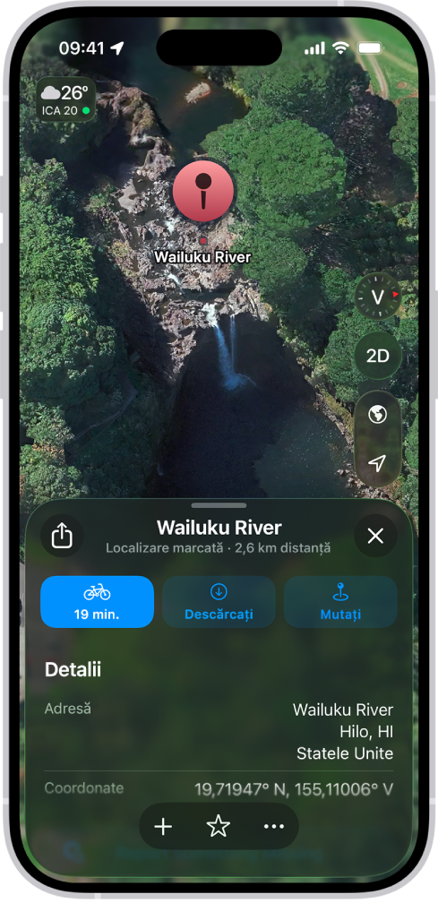 O hartă afișând un reper plasat într-un parc. Dedesubt se află butoane pentru obținerea itinerarelor spre reper, pentru descărcarea zonei înconjurătoare sau pentru mutarea acestuia.