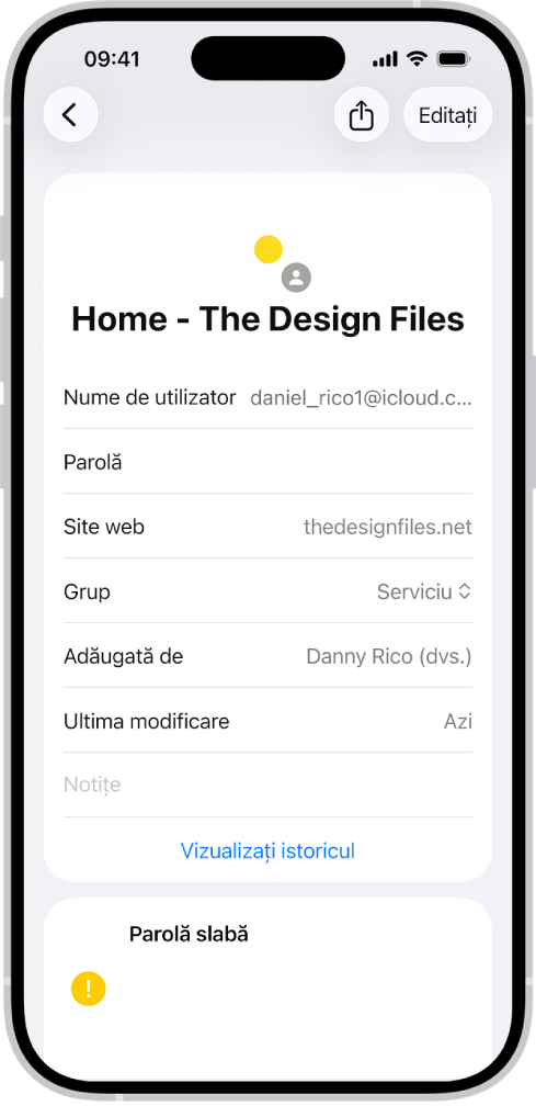 Aplicația Parole afișând detaliile unui cont, inclusiv Nume de utilizator, Parolă și Site web.