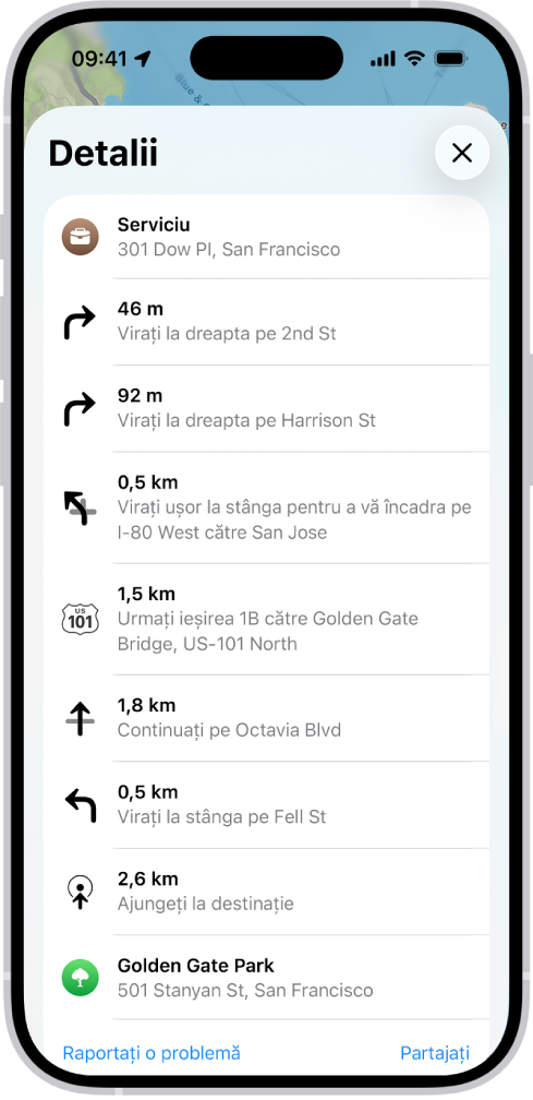 Itinerarul pas cu pas afișat sub formă de listă.