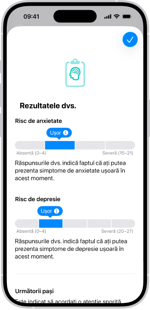 Un ecran din aplicația Sănătate afișând rezultatele unui chestionar pentru sănătatea mintală.