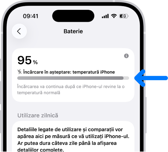 Fereastra cu informații despre încărcare în configurările Baterie iPhone. Fereastra arată bateria încărcată la 95 % cu mesajul „Încărcare în așteptare: temperatură iPhone". Dedesubt, o notă indică faptul că încărcarea va fi reluată când temperatura iPhone-ului revine la normal.
