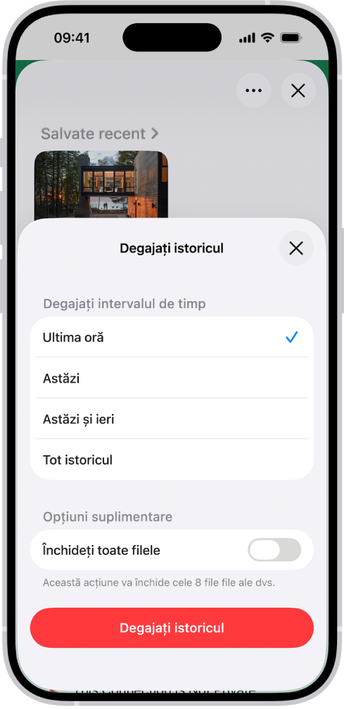Meniul Degajați istoricul. Sub Degajați intervalul de timp, este selectată opțiunea Ultima oră. Sub Degajați pentru profil este selectată opțiunea Toate profilurile. Butonul Degajați istoricul este în partea de jos a ecranului.