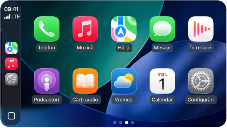 Ecranul principal CarPlay afișând Hărți, Muzică și Mesaje în bara laterală. În partea dreaptă se află Cărți audio, Calendar, Hărți, Mesaje, Muzică, În redare, Telefon și Podcasturi.