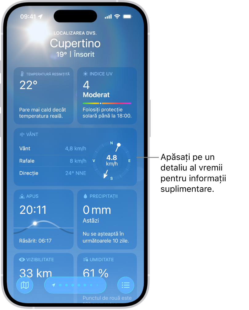 Ecranul aplicației Vremea afișând localizarea curentă în partea de sus și, sub aceasta, temperatura și condițiile meteo curente. Restul ecranului conține detalii despre vreme, inclusiv indicele UV, vânt și precipitații.