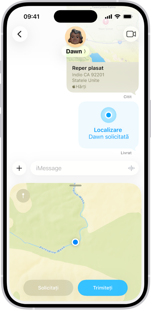 O conversație din Mesaje cu un reper plasat, o solicitare de localizare și o localizare pe cale să fie trimisă.