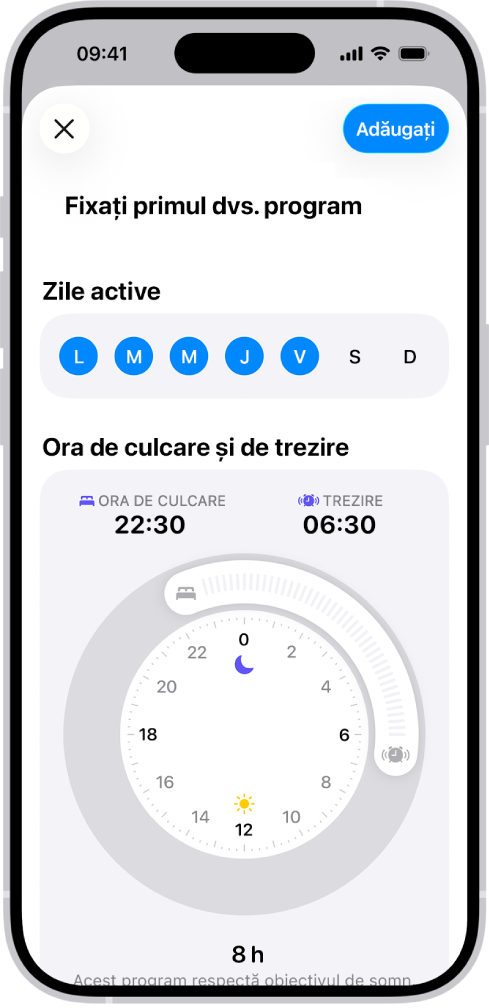 Ecranul Fixați primul dvs. program din Sănătate, cu o secțiune Zile active și un ceas pentru ora de culcare și ora de trezire.