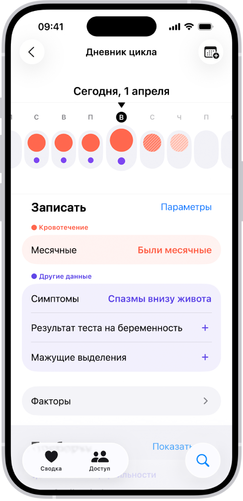 Экран Дневника цикла с временной шкалой недели в верхней части экрана. Сплошными красными кружками и фиолетовыми точками отмечены первые 5 дней на шкале. Под временной шкалой расположены параметры добавления информации о месячных, симптомах и др.