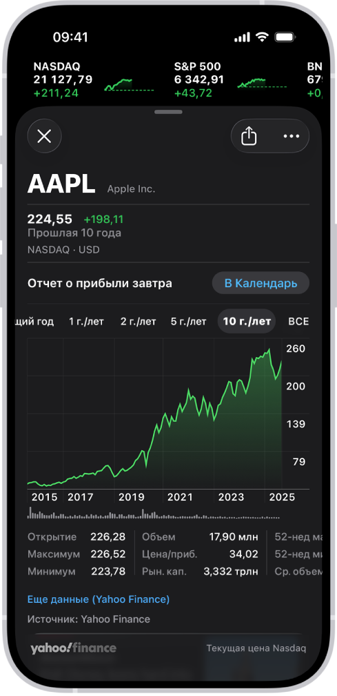 Расположенный в центре экрана график показывает доходность акции на протяжении 10 лет. Над графиком показано уведомление о том, что компания завтра опубликует отчет о прибыли. Также доступна кнопка, с помощью которой это событие можно добавить в Календарь.