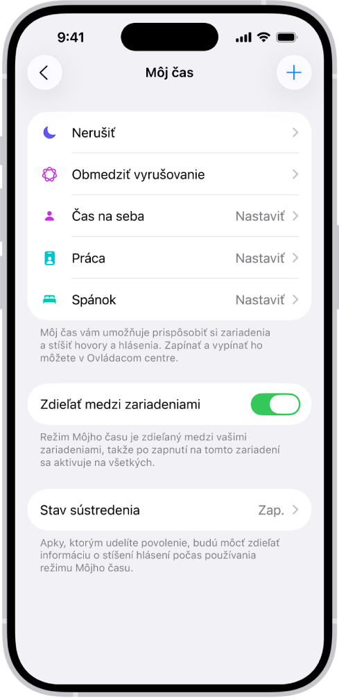 Obrazovka s piatimi preddefinovanými možnosťami Môjho času: Nerušiť, Žiadne správy počas hovorov, Spánok, Čas na seba a Práca. Zapnutá je možnosť Zdieľať medzi zariadeniami, čo vám umožňuje používať rovnaké nastavenia režimu Môjho času na všetkých Apple zariadeniach.