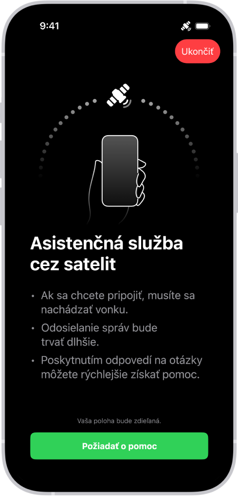 Obrazovka funkcie Asistenčná služba cez satelit. V dolnej časti obrazovky je tlačidlo Požiadať o pomoc.