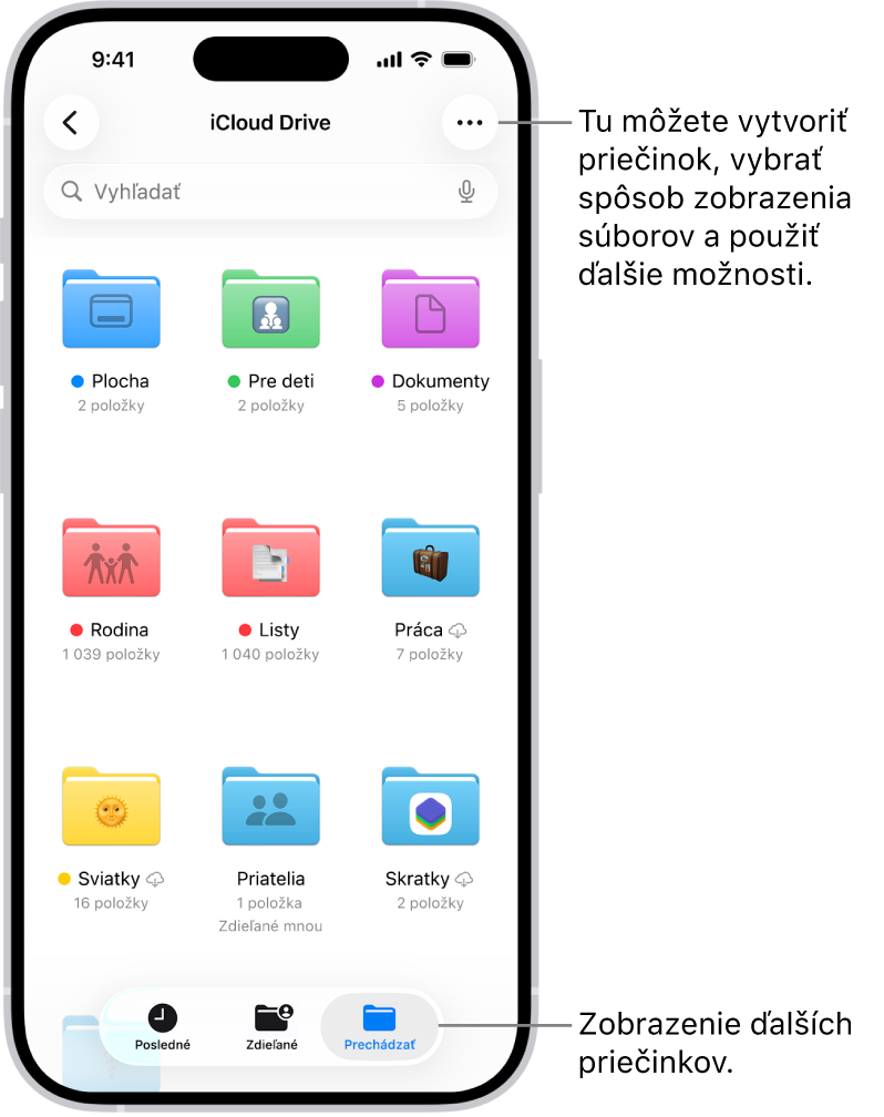 Apka Súbory zobrazujúca súbory a priečinky na iCloud Drive. Menu Viac obsahuje možnosti výberu položiek, vytvorenia nového priečinka, skenovania dokumentov a pripojenia k serveru. Pod nimi sú možnosti na zobrazenie položiek na obrazovke vo forme ikon alebo zoznamu. Naspodku sú možnosti zoradenia podľa názvu, druhu, dátumu, veľkosti a tagov, za ktorými nasledujú Možnosti zobrazenia.