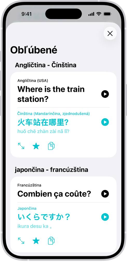Tab Obľúbené zobrazujúci uložené frázy preložené z angličtiny do čínštiny a z francúzštiny do japončiny.
