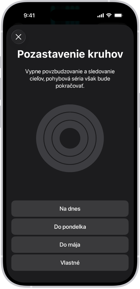 Obrazovka Pozastavenie kruhov v apke Kondícia zobrazujúca možnosti pozastavenia kruhov aktivít.