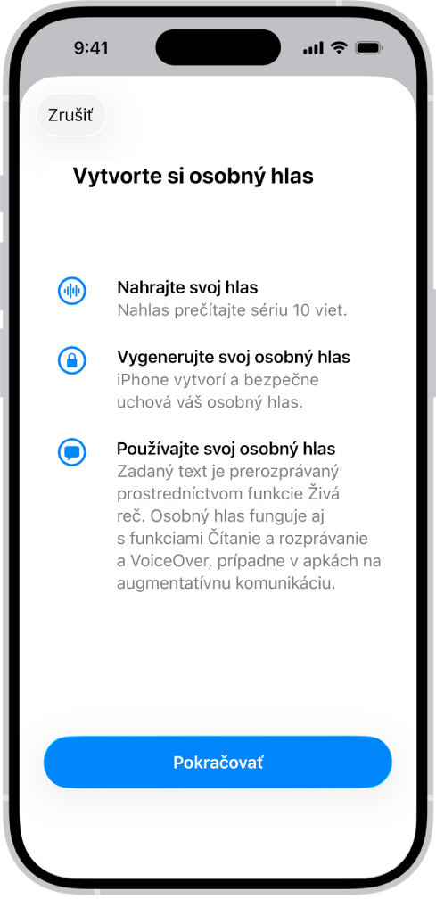 iPhone s informáciami o tom, ako si vytvoriť osobný hlas.
