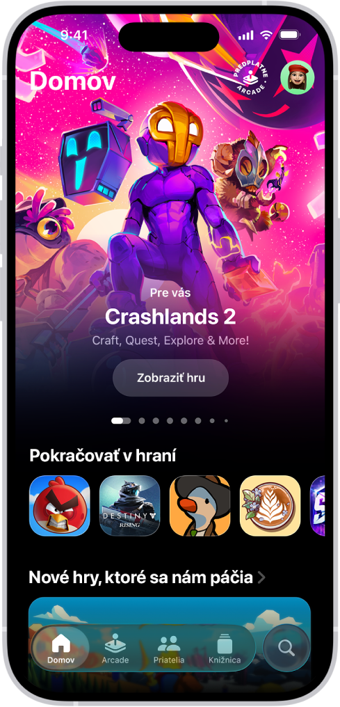 Apka Apple Games zobrazujúca tab Domov, na ktorom sa zobrazuje špeciálna udalosť, hry, v ktorých môžete pokračovať, a nové vydania.