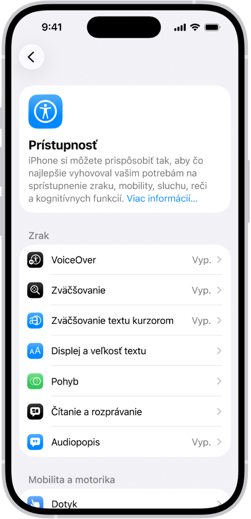 Obrazovka Prístupnosť v Nastaveniach zobrazujúca vstavané funkcie na podporu zraku.