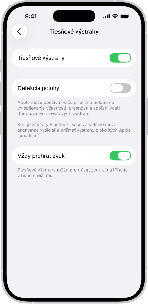 Obrazovka Tiesňové výstrahy so zapnutými možnosťami Tiesňové výstrahy, Detekcia polohy a Vždy prehrať zvuk.