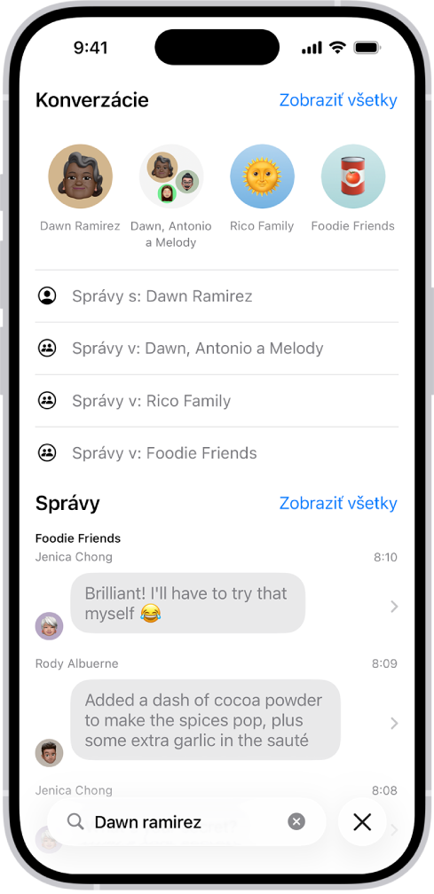 V apke Správy sa v dolnej časti obrazovky zobrazuje vyhľadávacie pole. Vyhľadávacie pole obsahuje meno osoby a nad ním sa zobrazuje niekoľko vyhovujúcich výsledkov.