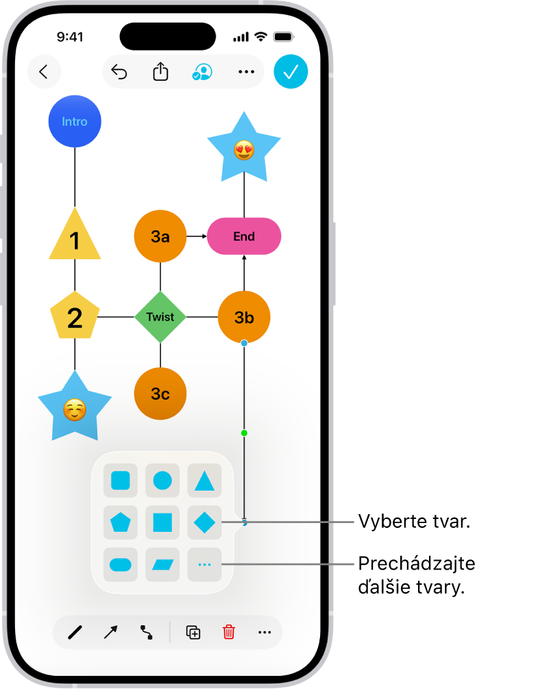 Diagram na nástenke Freeform, do ktorého užívateľ práve pridáva nový tvar.