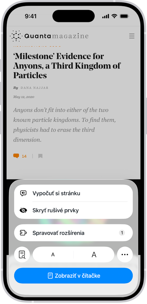 V Safari je otvorená webová stránka. Je vybrané tlačidlo Menu stránky a zobrazujú sa prvky na ovládanie počúvania.