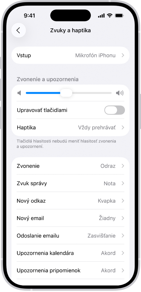 Obrazovka Zvuky a haptika v Nastaveniach.