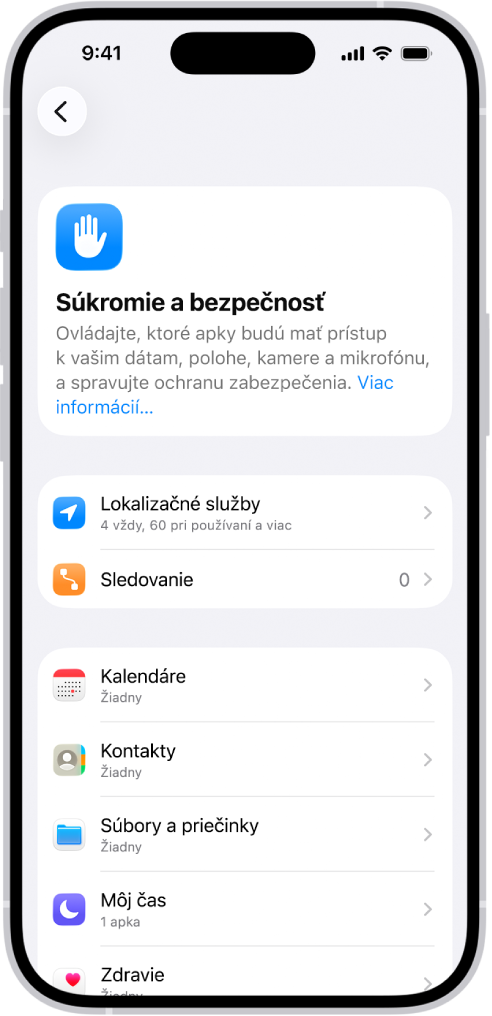 Obrazovka Súkromie a bezpečnosť v Nastaveniach.
