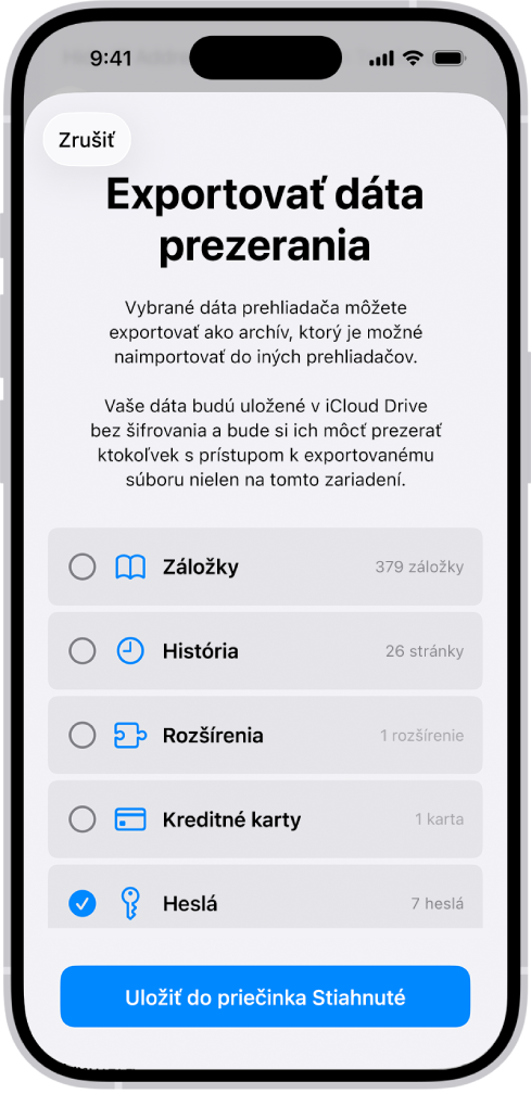 Obrazovka Exportovať dáta prezerania s vybranou možnosťou Heslá na export do iného správcu hesiel.