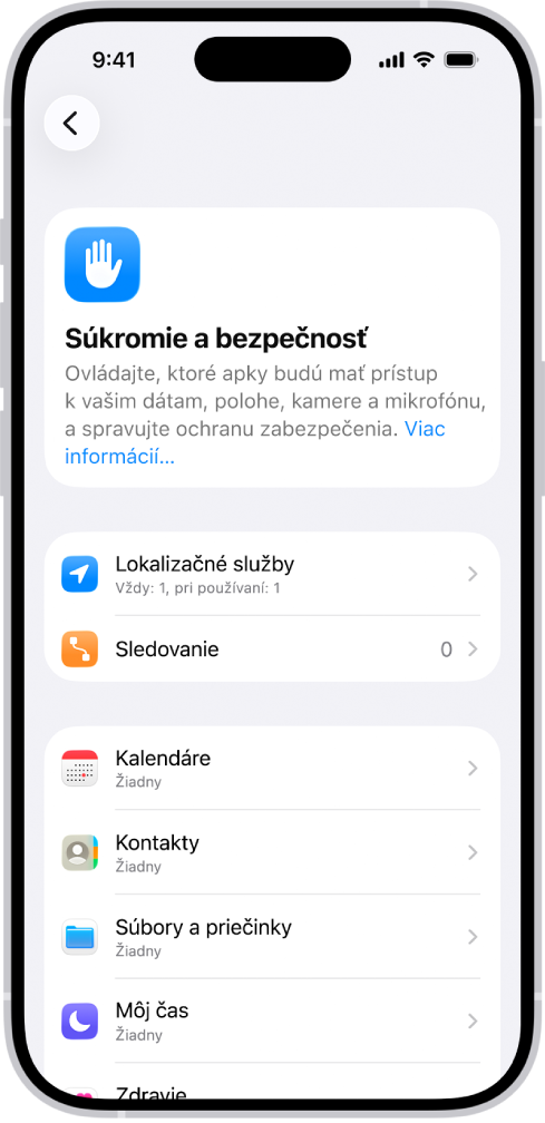 Obrazovka Súkromie a bezpečnosť s nastaveniami pre Lokalizačné služby a Sledovanie a nastaveniami na ovládanie, ktoré apky majú prístup k vašim údajom.