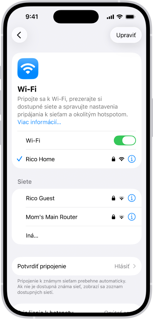 Obrazovka možností Wi-Fi v Nastaveniach so zapnutým Wi-Fi a vybranou sieťou.