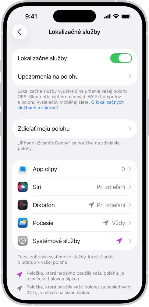 Obrazovka Lokalizačné služby s nastaveniami na zdieľanie polohy iPhonu s apkami.