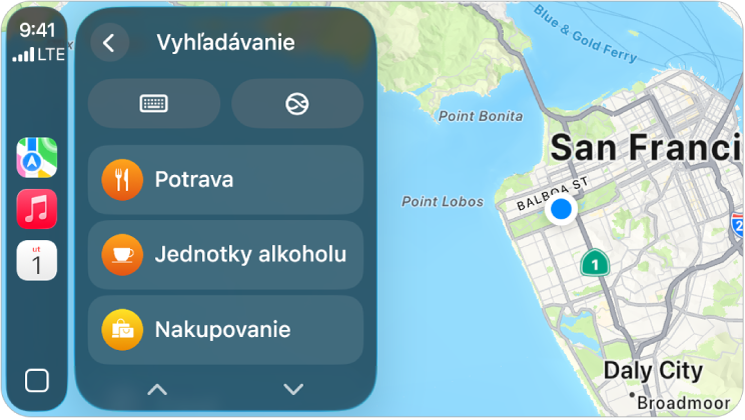 Obrazovka CarPlay zobrazujúca mapu San Francisca. Napravo sú tlačidlá polohy, 3D, nahlásenia nebezpečenstva a priblíženia. V dolnej časti sú tlačidlá Vyhľadať a Cieľ.