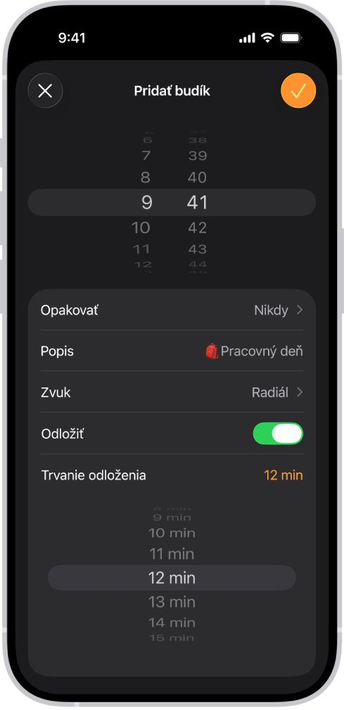 Obrazovka Pridať budík v apke Hodiny. Je zapnuté odloženie a trvanie odloženia je nastavené na vlastnú dĺžku 12 minút.