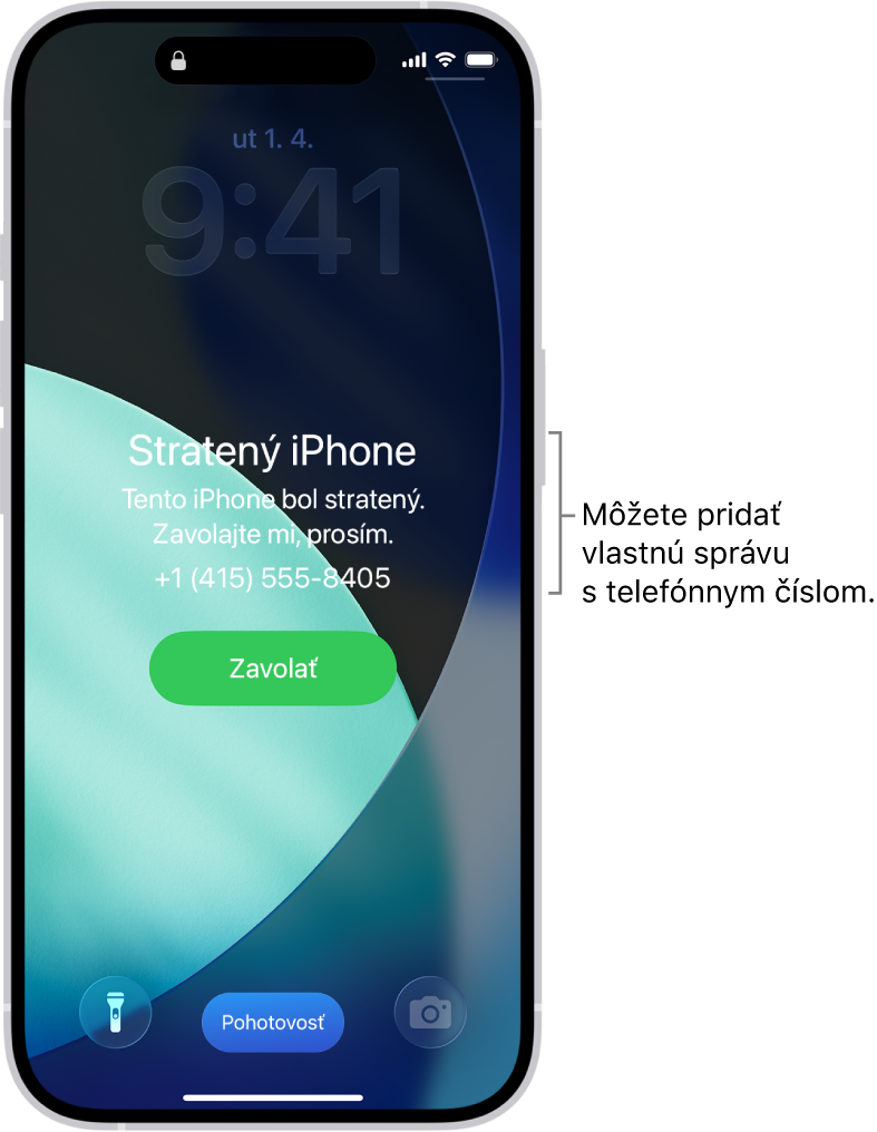 Zamknutá obrazovka iPhonu so správou o stratenom iPhone. Môžete pridať vlastnú správu s vaším telefónnym číslom.