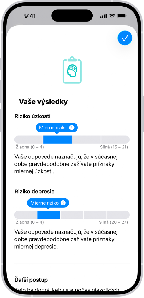 Obrazovka v apke Zdravie zobrazujúca výsledky dotazníka o duševnom zdraví.