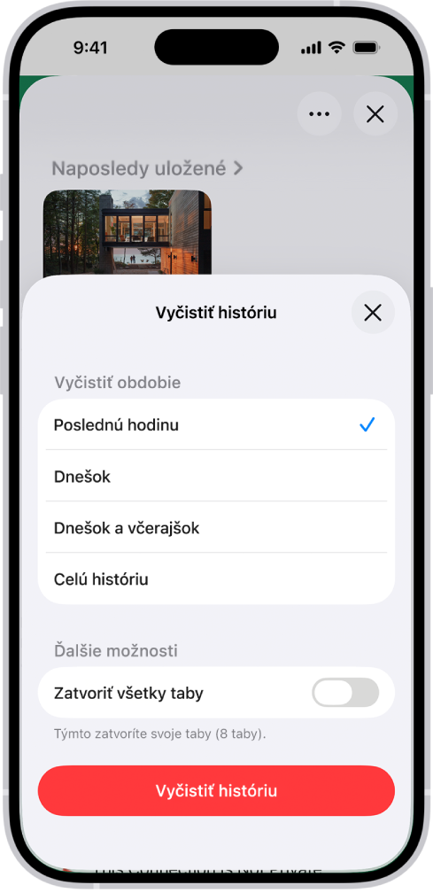 Menu Vyčistiť históriu v apke Safari. V časti Vyčistiť obdobie je vybraná možnosť Poslednú hodinu. V dolnej časti obrazovky je tlačidlo Vymazať históriu.